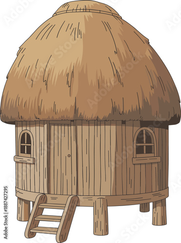 Rustic wooden hut on stilts with thatched roof, isolated white background, traditional village architecture, detailed realistic 3d render illustration design