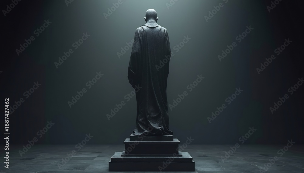 Obraz premium A dark stone statue of a robed figure with a bald head seen from behind on a tiered pedestal in a dimly lit room with overhead light