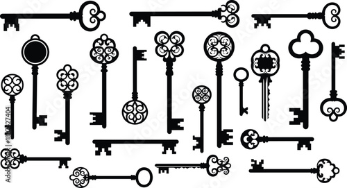 Collection of antique key silhouettes featuring vintage ornamental skeleton keys, decorative security symbols, black and white vector illustration set for design, branding, and historical concepts
