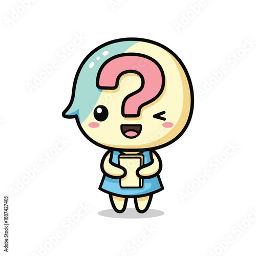 Curious cartoon character holding a book with a question mark on her head