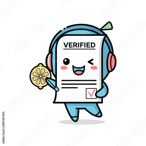 Verified document character holding lemon slice