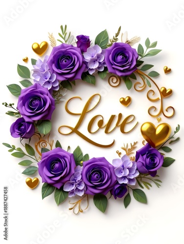 Purple Roses and Lavender Wreath with Golden Hearts and 