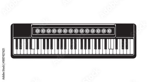 Black and white vector illustration of a modern electronic musical keyboard instrument, featuring piano keys and control knobs, presented in a minimalist graphic style, perfect for music design