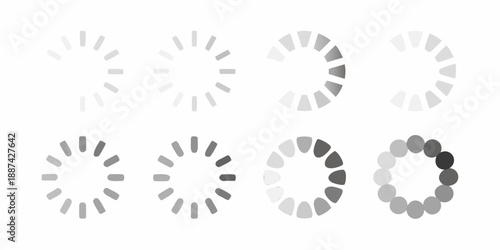 A series of grayscale circular loading indicators in different stages