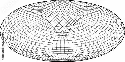 A black and white illustration of a spherical wireframe structure