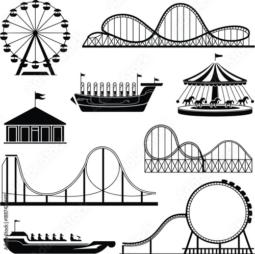 Collection of amusement park ride silhouettes including ferris wheel, roller coaster, carousel, pirate ship, and thrill rides, isolated vector icons for entertainment, carnival, and theme park design 