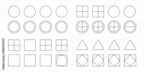 A collection of geometric shapes circles squares triangles and various divisions