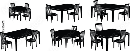 Collection of dining table and chair silhouettes showing modern and classic furniture arrangements, black and white illustration set for interior design and home decor concepts