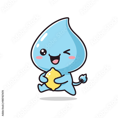 Happy water drop character holding lemon