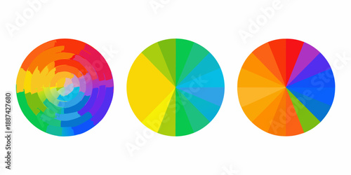 Colorful circular designs with segmented gradients representing the color spectrum