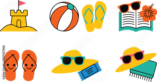 Summer Beach Vacation Icon Set Sandcastle, Flip Flops, and Fun