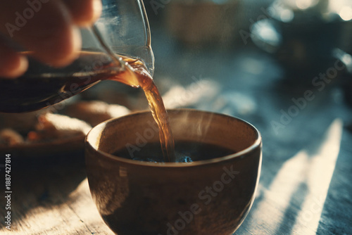 Hands pouring coffee into cup morning sunlight

