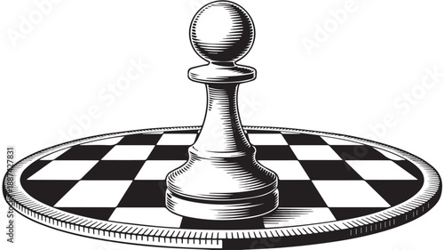 A crisp black and white woodcut illustration of a solitary chess pawn poised on a unique circular chessboard, symbolizing strategic thinking, intellectual challenge, and the commencement of a new game