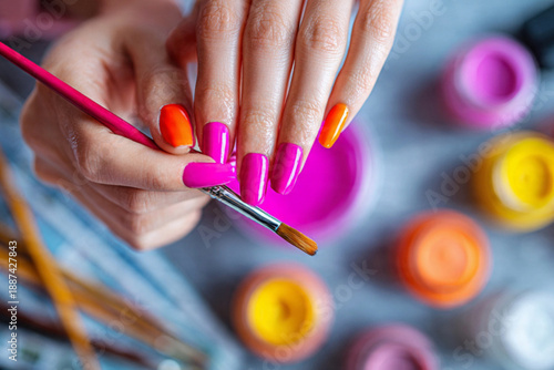 Woman painting nails bright manicure studio setup
