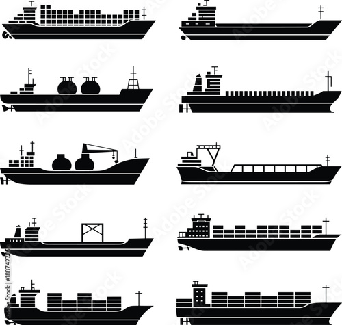 Collection of cargo ship silhouettes showing container vessels, oil tankers, bulk carriers and industrial freight ships in clean flat vector maritime transportation design set