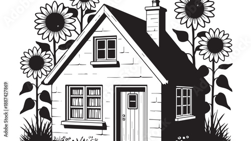 A charming black and white woodcut illustration of a cozy cottage surrounded by blooming sunflowers, evoking a sense of rustic countryside living and natural beauty