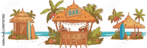 Tropical wooden tiki bar with thatched roof, colorful lights, stools, isolated white background, beach party bar concept 3d render