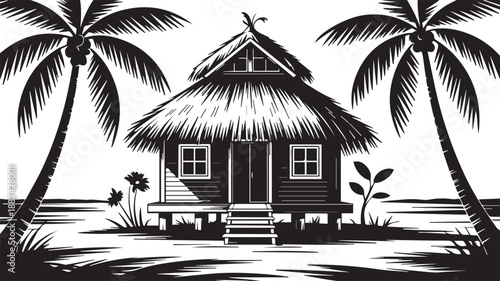 A detailed black and white woodcut-style illustration of a tropical hut surrounded by palm trees, evoking a sense of island living and serene nature