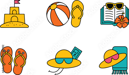 Summer Beach Vacation Icon Set Sandcastle, Flip Flops, and Fun