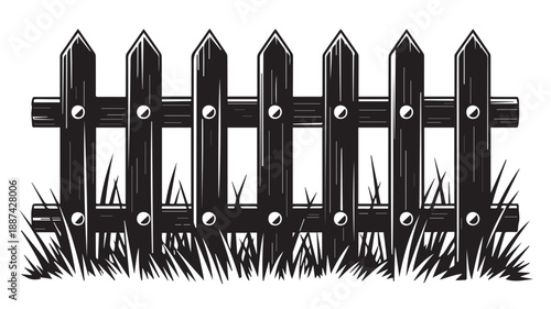 A detailed black and white illustration of a wooden fence standing tall amidst lush green grass, capturing a rustic outdoor scene