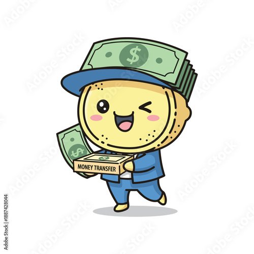 Cartoon coin character carrying money transfer box and cash