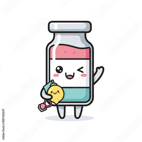 Cartoon medicine bottle character holding vaccine