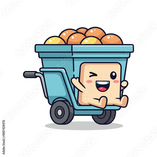 Cartoon bread character delivering fresh bread in a trolley