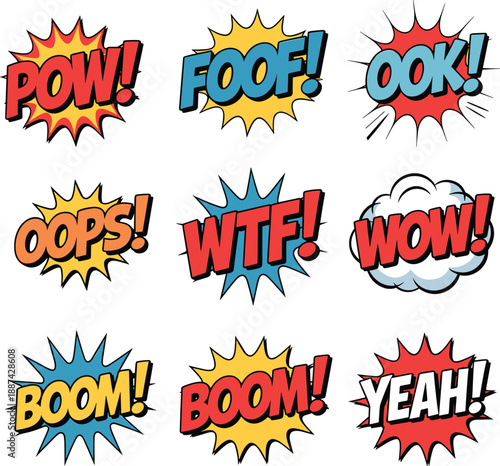 Colorful comic book speech bubbles with pop art sound effects including pow, boom, wow, oops and yeah, creative cartoon explosions for retro design backgrounds