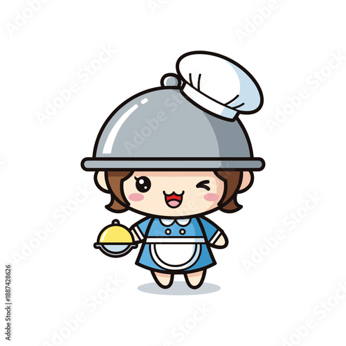 Cartoon chef girl holding serving dish