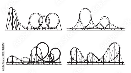 Dynamic black and white line art illustrations showcasing various exciting roller coaster designs with exhilarating loops and steep drops, perfect for amusement park themes
