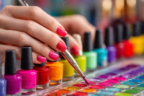 Woman painting nails bright manicure studio setup
