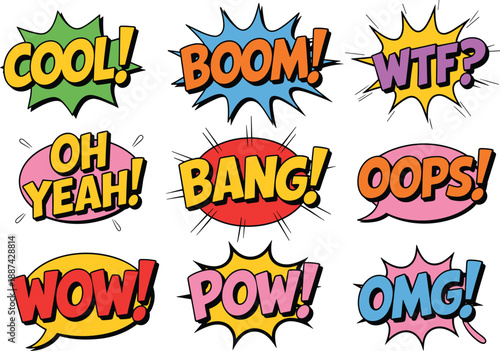 Colorful comic speech bubbles set with pop art expressions cool boom bang wow omg oops wtf style stickers for fun graphic design projects