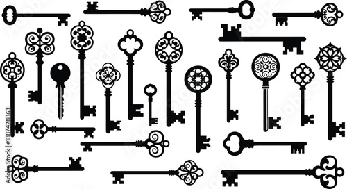Collection of ornate vintage key silhouettes featuring decorative antique skeleton keys, security and mystery symbols, black and white illustration set for design, branding, and historical concepts