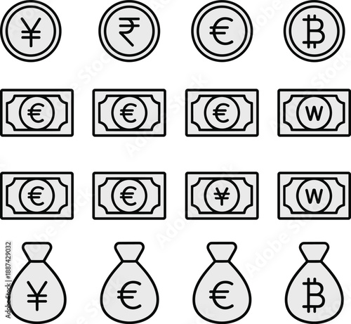 Currency and money icon set with dollar euro yen pound and bitcoin symbols, financial exchange icons, banking investment concept, minimal outline illustration