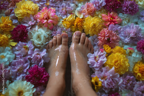 Woman's feet relaxing in a bath with flower petals 

