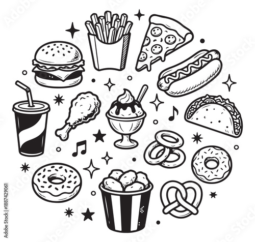 Black and white doodle illustration of various popular fast food items arranged in a circular pattern, including burgers, fries, pizza, hot dogs, tacos, donuts, and more.