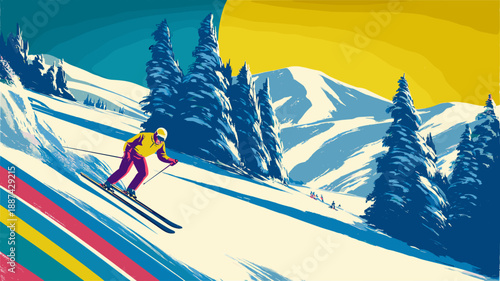 1950年代風スキーリゾートのレトロ広告イラスト