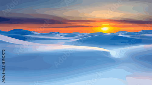 冬の雪原に沈む夕日と温かみのあるオレンジ色の光景