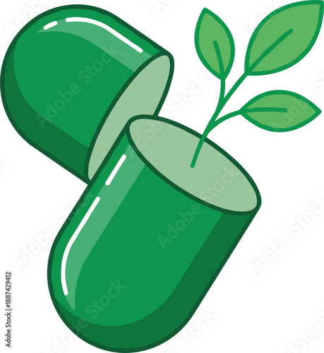Green herbal capsule with growing plant illustration representing natural medicine, organic supplements, eco friendly healthcare, biotechnology concept, sustainable wellness, and plant based 
