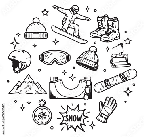 Hand-drawn doodle illustration of winter sports and snowboarding equipment arranged in a circular composition with a snowboarder, mountains, and gear.