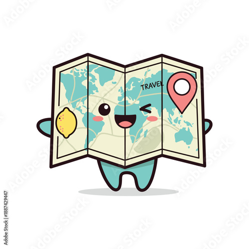 Cartoon map character with travel theme and location pin