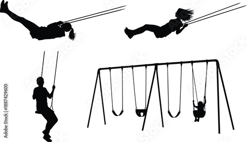 Silhouettes of children swinging on playground equipment showing joyful motion and carefree childhood play, black and white illustration set for outdoor activity and leisure concepts
