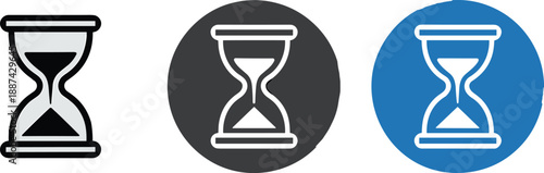 Hourglass timer icon set in outline and filled styles on white background, time management, deadline concept, countdown symbol, minimal vector design