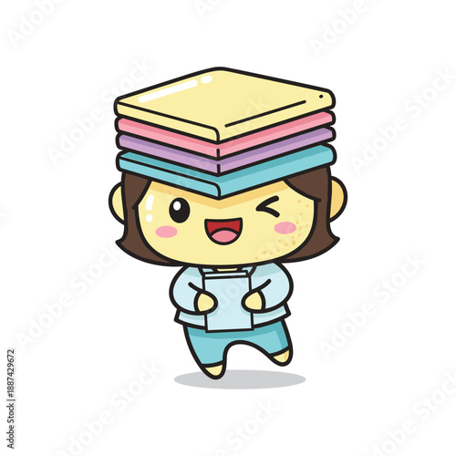 Cartoon character carrying books on head with joyful expression