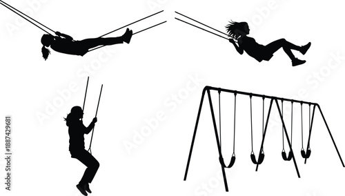 Silhouettes of children swinging on playground swings, joyful motion and freedom, childhood playtime concept, outdoor park activity, minimal black and white illustration
