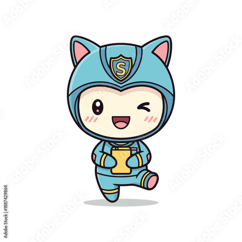 Cartoon character wearing blue superhero suit