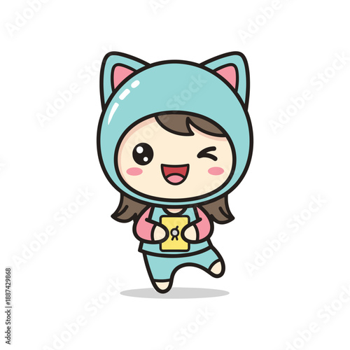 Cute cartoon girl wearing cat costume and holding bell