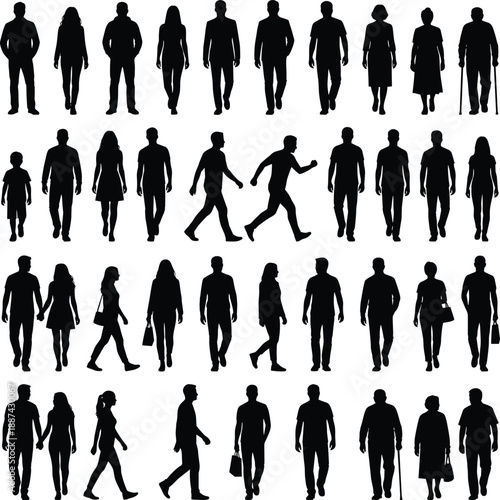 Human walking silhouettes collection showing diverse people poses, crowd movement, male and female figures isolated on white background for design and infographic use