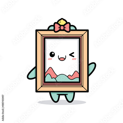 Cute cartoon character in a picture frame with bow