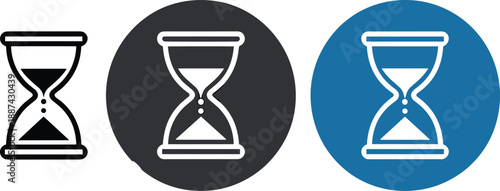 Minimal hourglass timer icons set in different circular backgrounds, symbolizing time management, countdown, deadline, productivity, waiting concept, modern flat design illustration